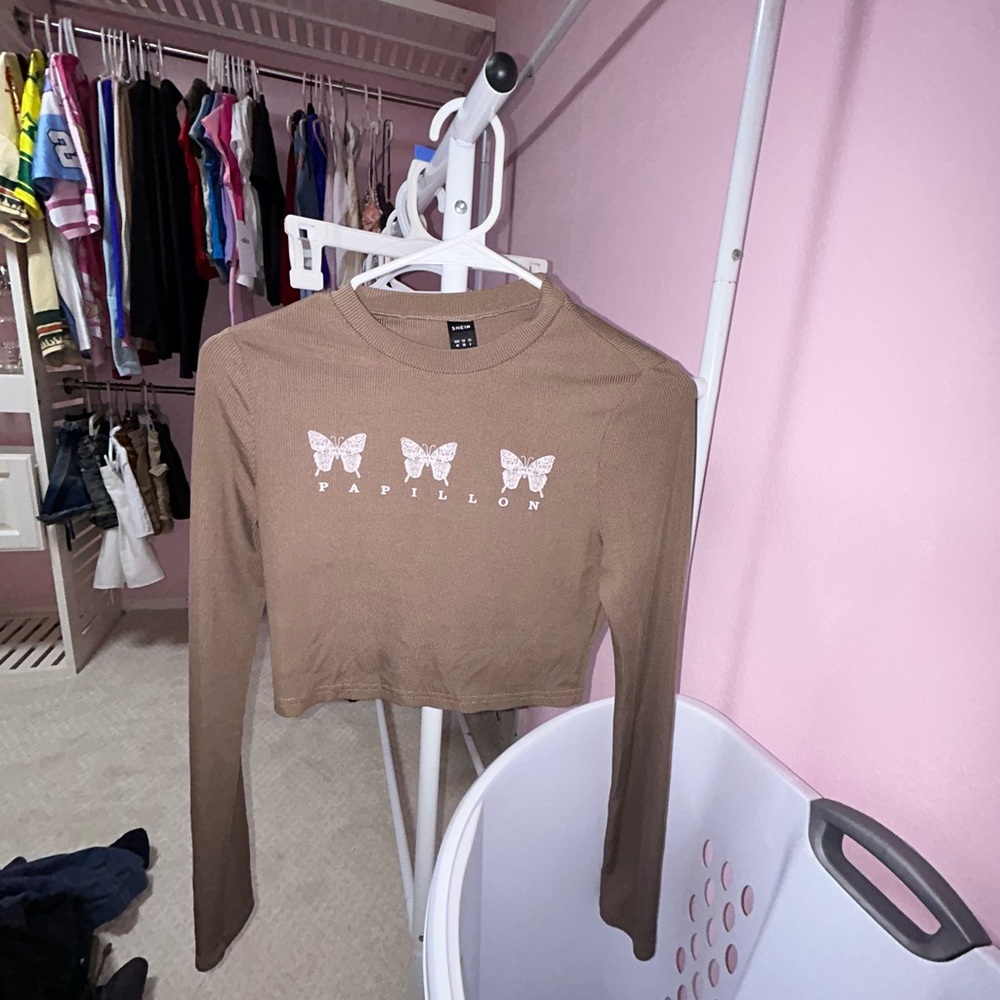 Brown Long Sleeve Crop Top with Butterfly Design